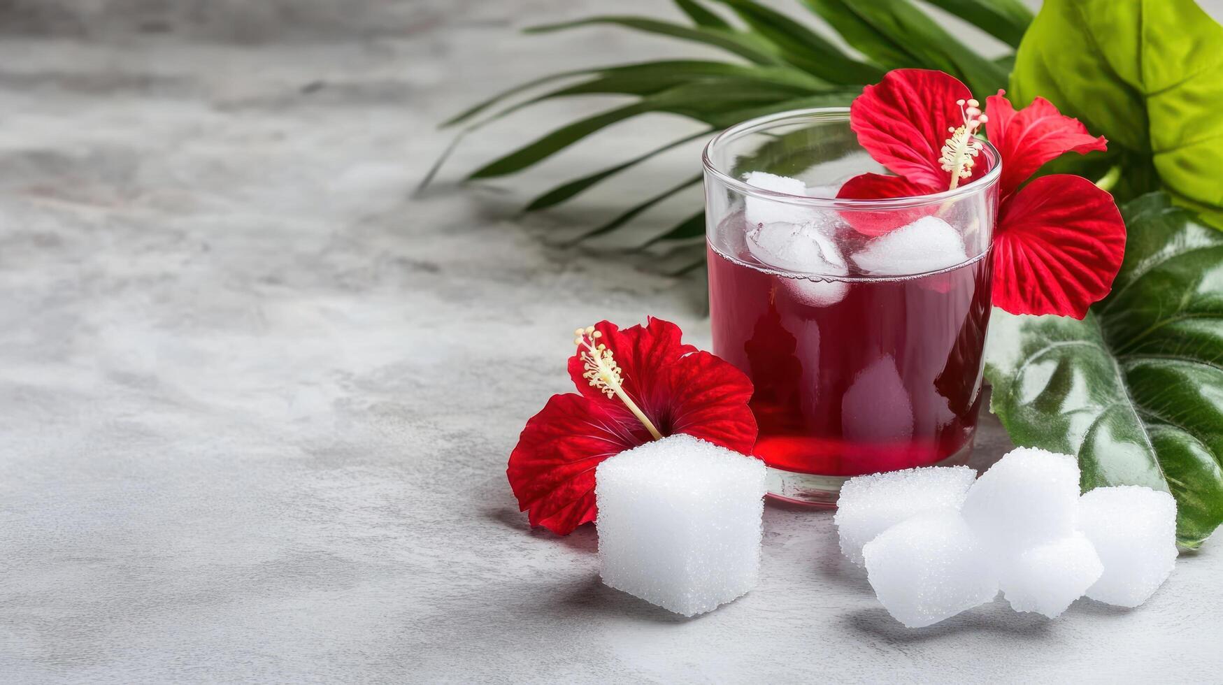 Refreshing drink, ice cubes, hibiscus flowers tropical leaves on marble backdrop ads, summer, relaxation photo