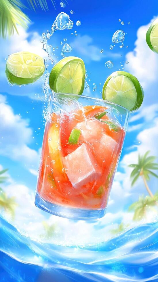 Refreshing drink with lime on beach background for summer ad photo