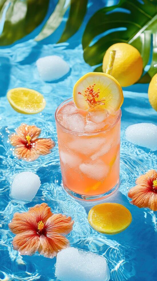 Refreshing drink with ice, lemon and hibiscus flowers background for summer party or cocktail recipe photo