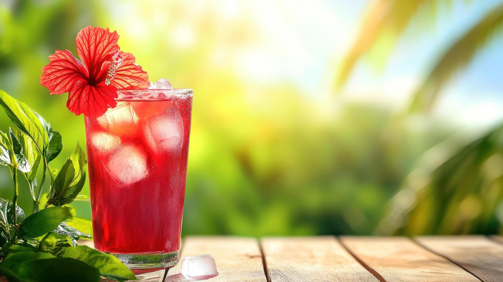 Refreshing hibiscus drink served on wooden table, sunny tropical background, commercial use photo