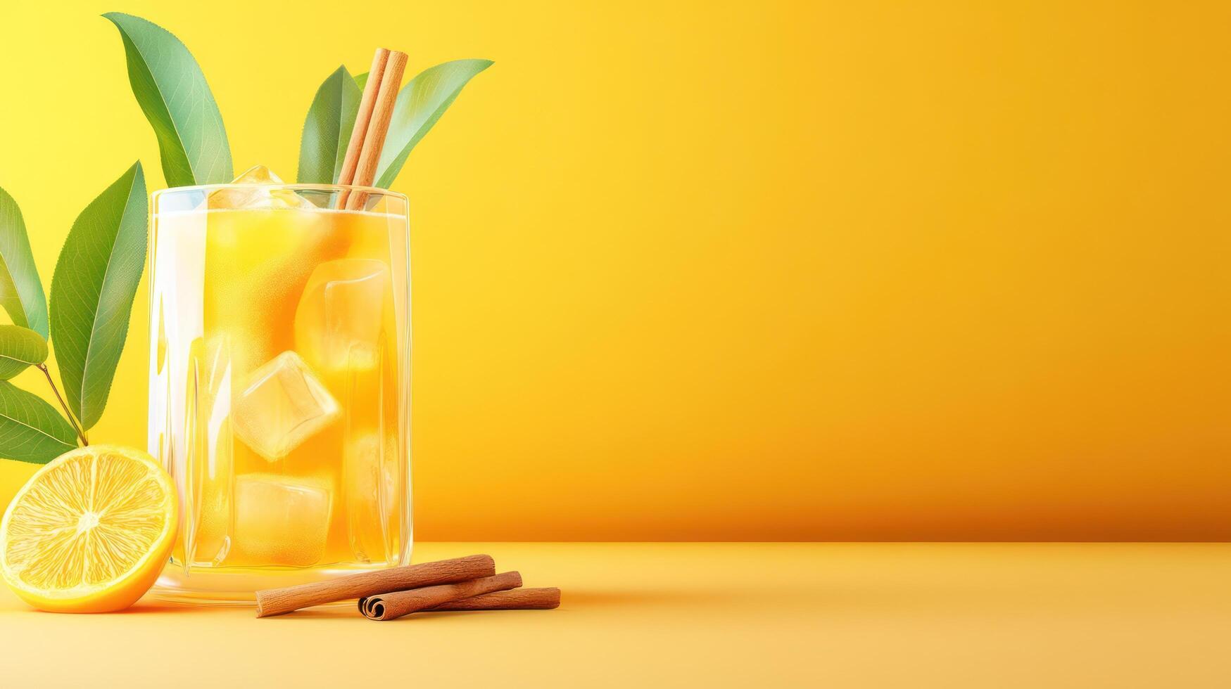 Refreshing lemon ice tea with cinnamon sticks leaves for beverage product promotion photo