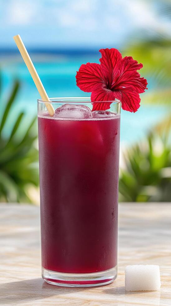 Refreshing hibiscus juice cocktail with ice, by the sea at a tropical resort, ideal for summertime promotions photo