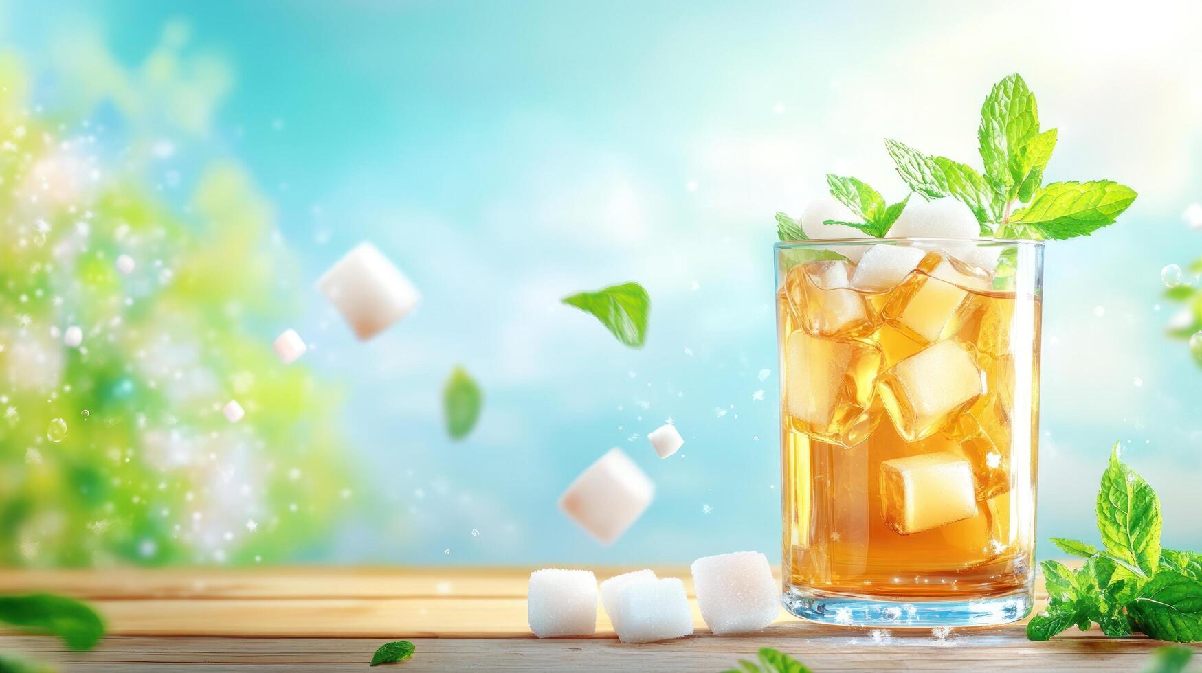 Refreshing iced tea with mint and sugar cubes on wood surface in the outdoors for summer refreshment ads photo