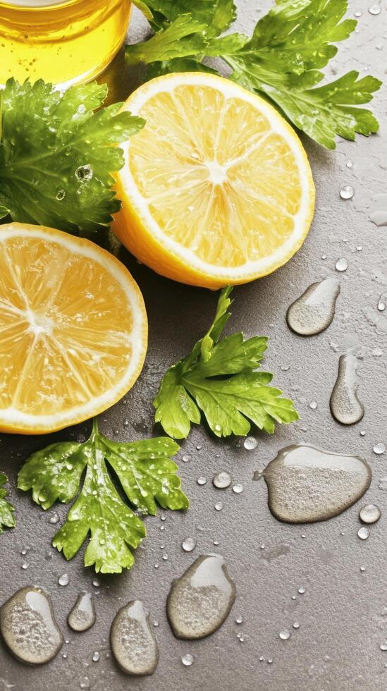 Refreshing lemon slices and herbs with water droplets on a stone surface for a natural, vibrant feel photo