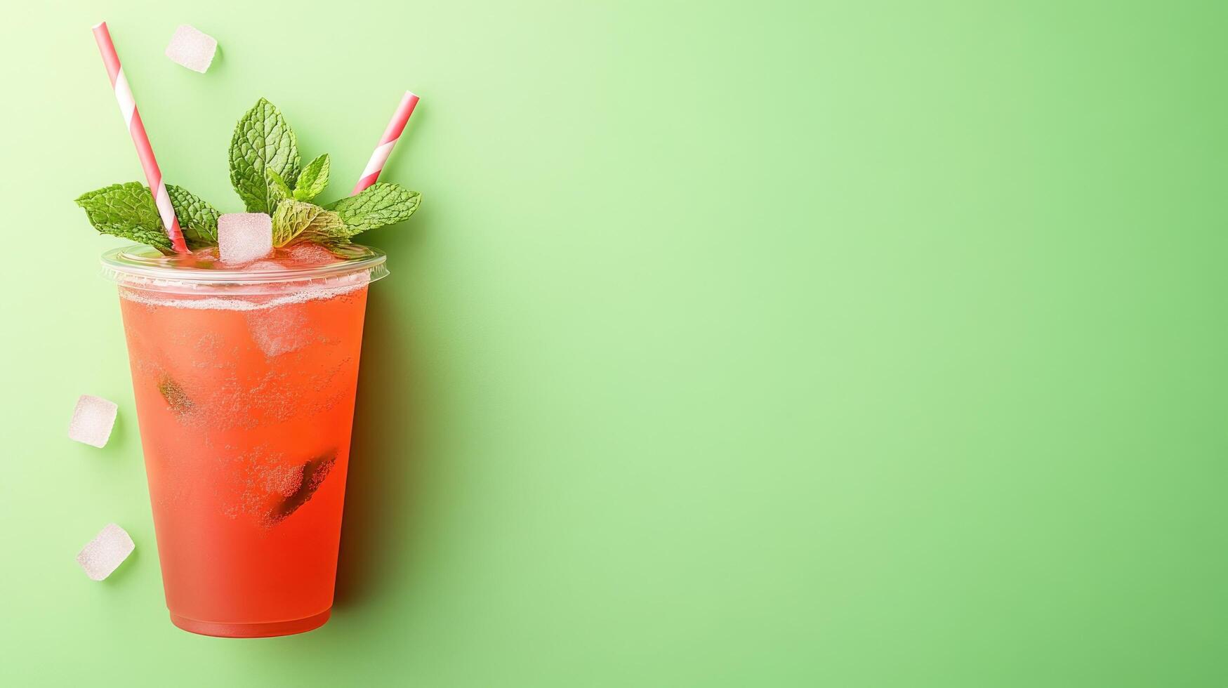 Refreshing red drink with ice and mint on green background for commercial use photo