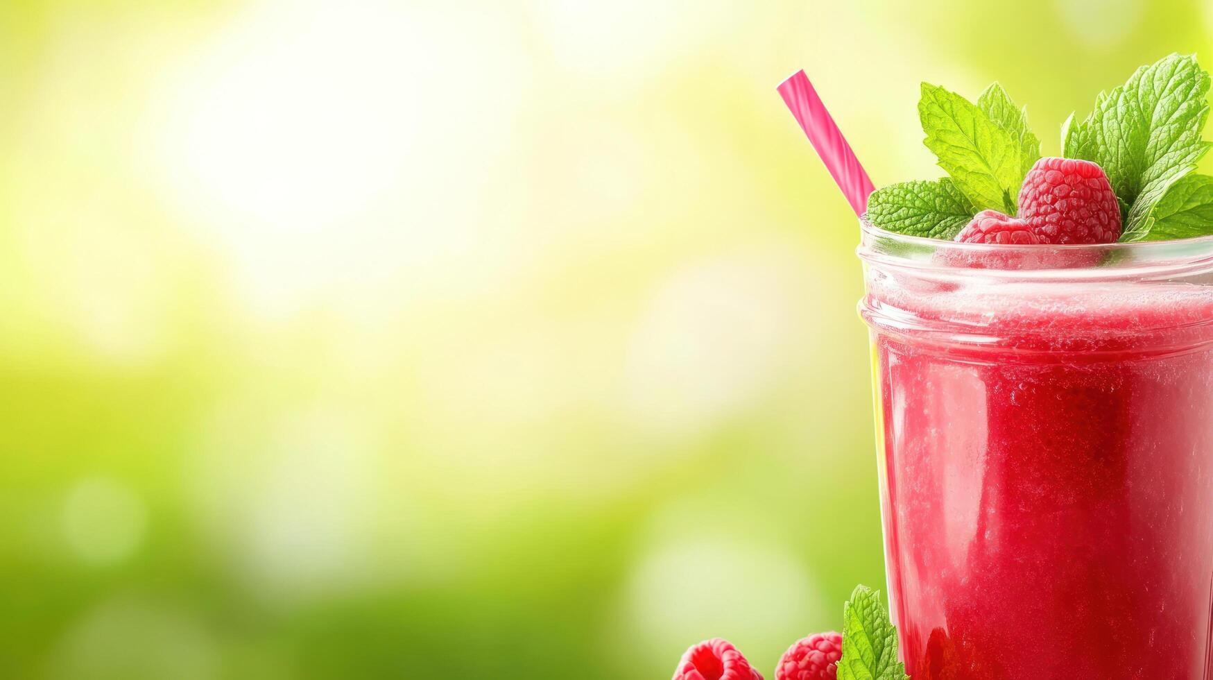 Refreshing raspberry smoothie drink in glass with mint. Relaxing outdoors in bright sunshine photo