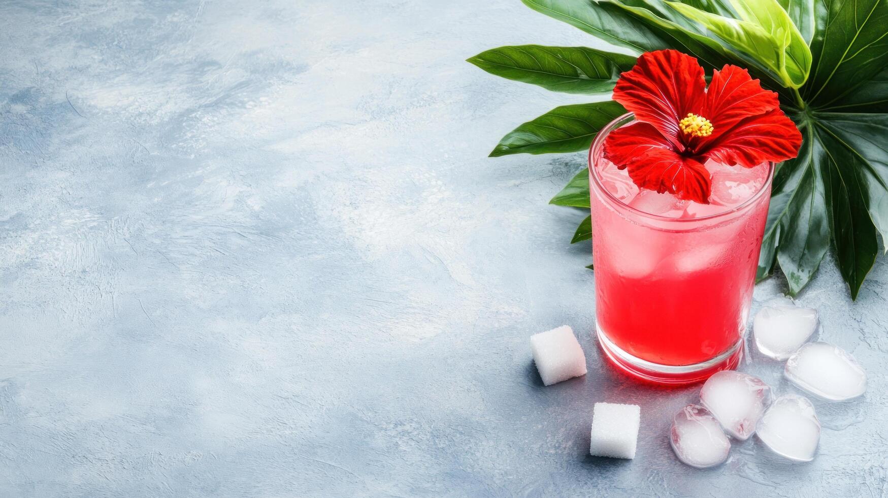 Refreshing pink drink with hibiscus flower for summer. Tropical leaves background. Possible for ad photo