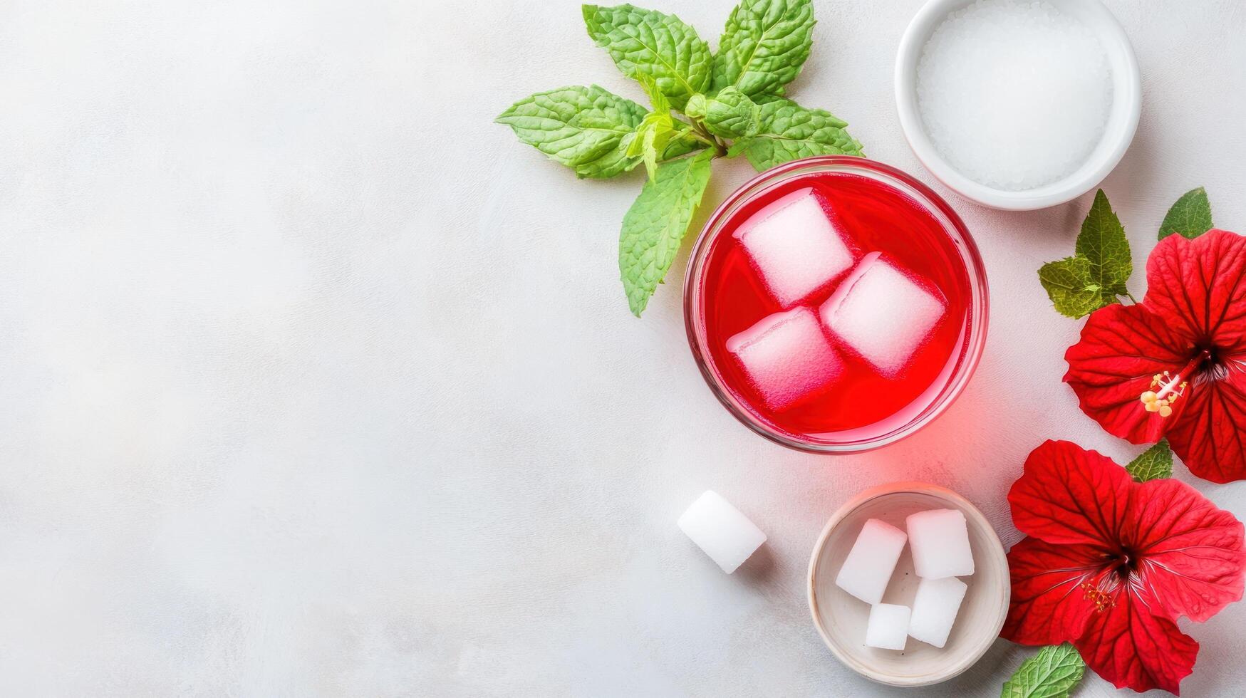 Refreshing red drink with ice cubes, mint, hibiscus flowers on a white background with sugar photo