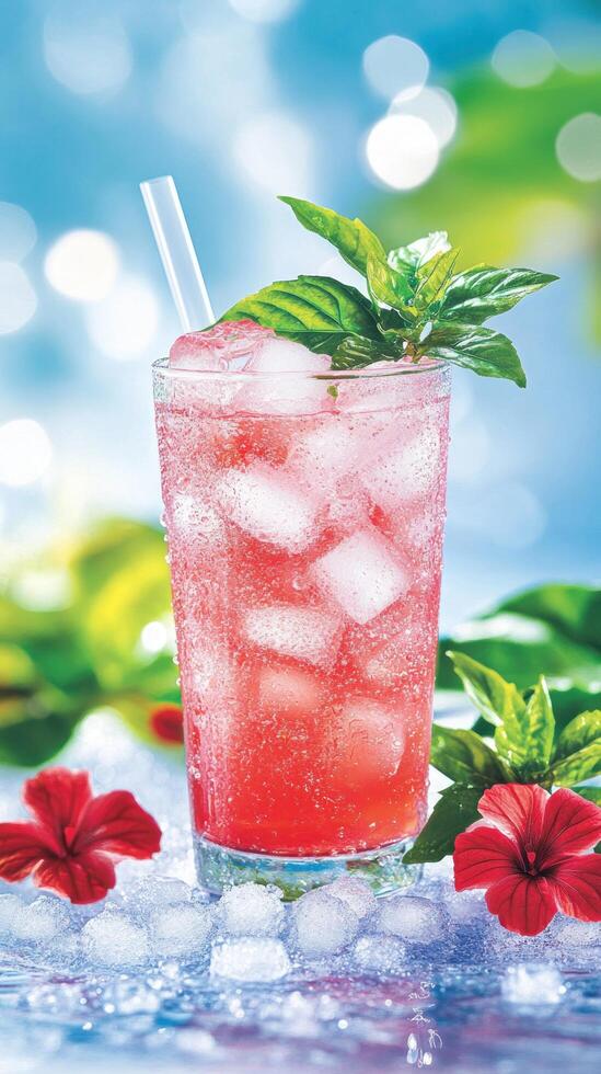 Refreshing red drink with ice and basil. Tropical vibe background, perfect for summer ads photo