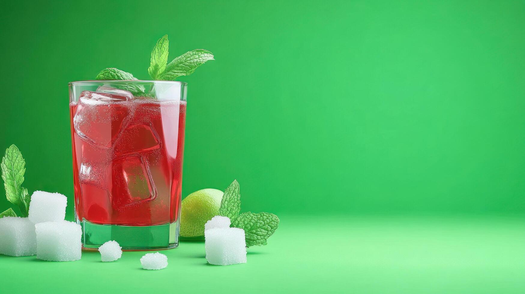 Refreshing red drink with ice cubes mint leaves against a green background for menu, or marketing photo