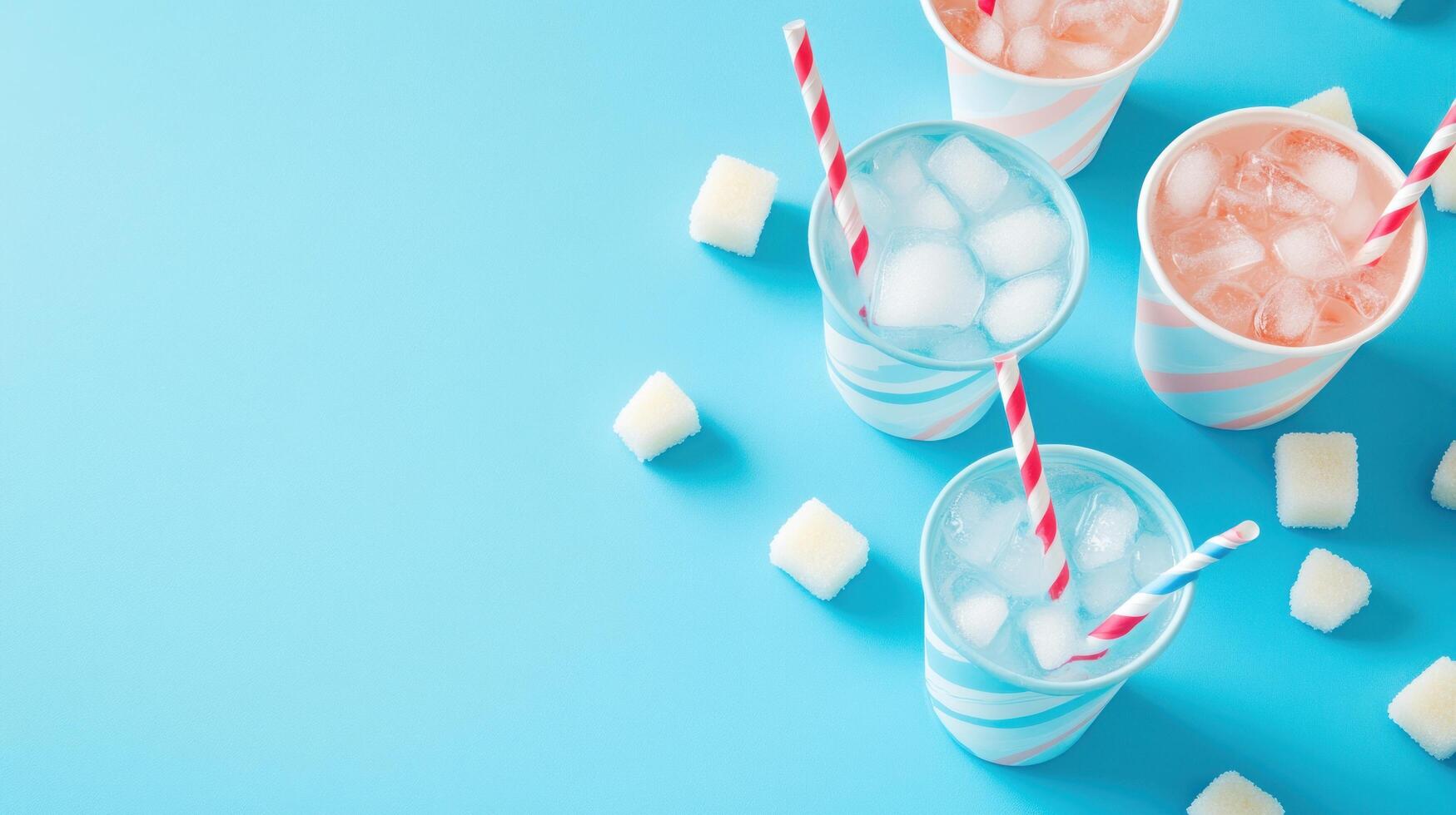 Refreshing pink and blue beverage with ice cubes and straws for summer enjoyment photo