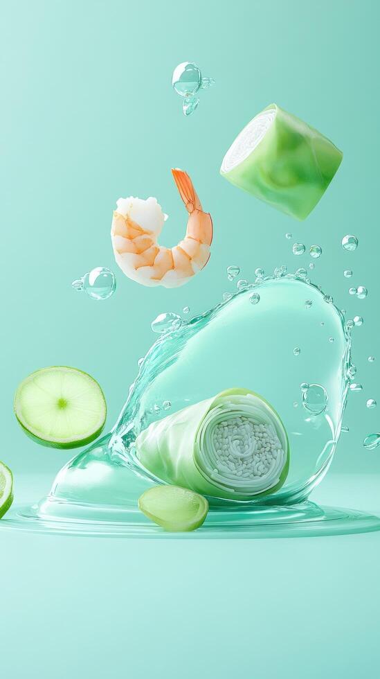 Refreshing skincare shrimp, cucumber, and lime in a splash on a turquoise background. Use Beauty photo