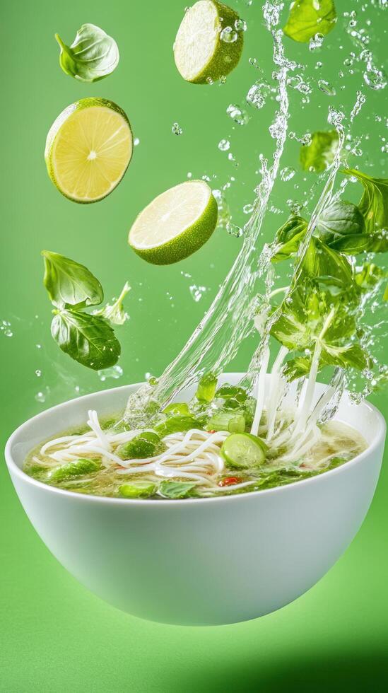 Refreshing soup with flying lime and herbs on green backdrop. Food advertisement photo