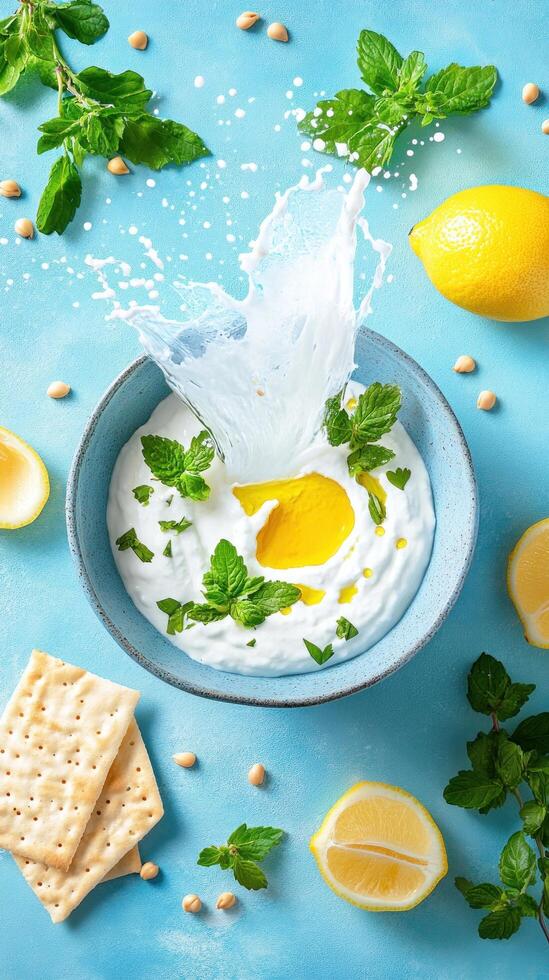Refreshing yogurt splash in a bowl with mint, lemon, and crackers on a cool-colored background photo