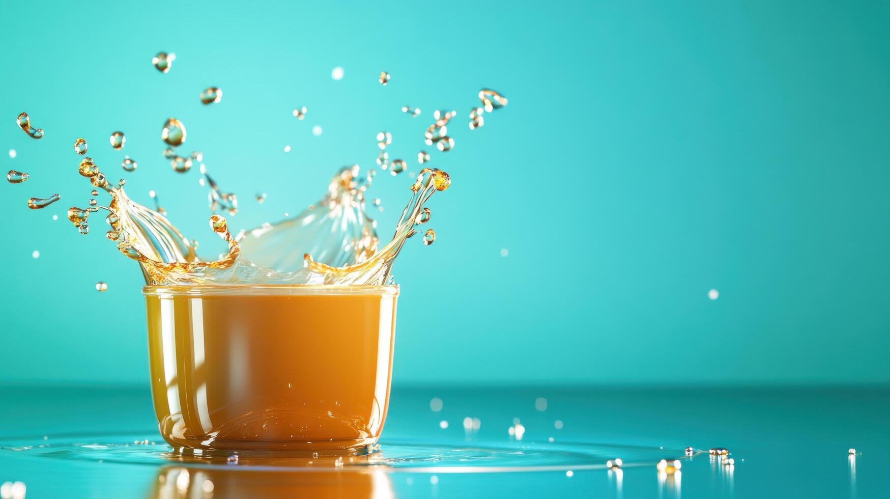 Refreshing splash Orange liquid spills from glass cup on aqua surface. Healthy beverage use photo