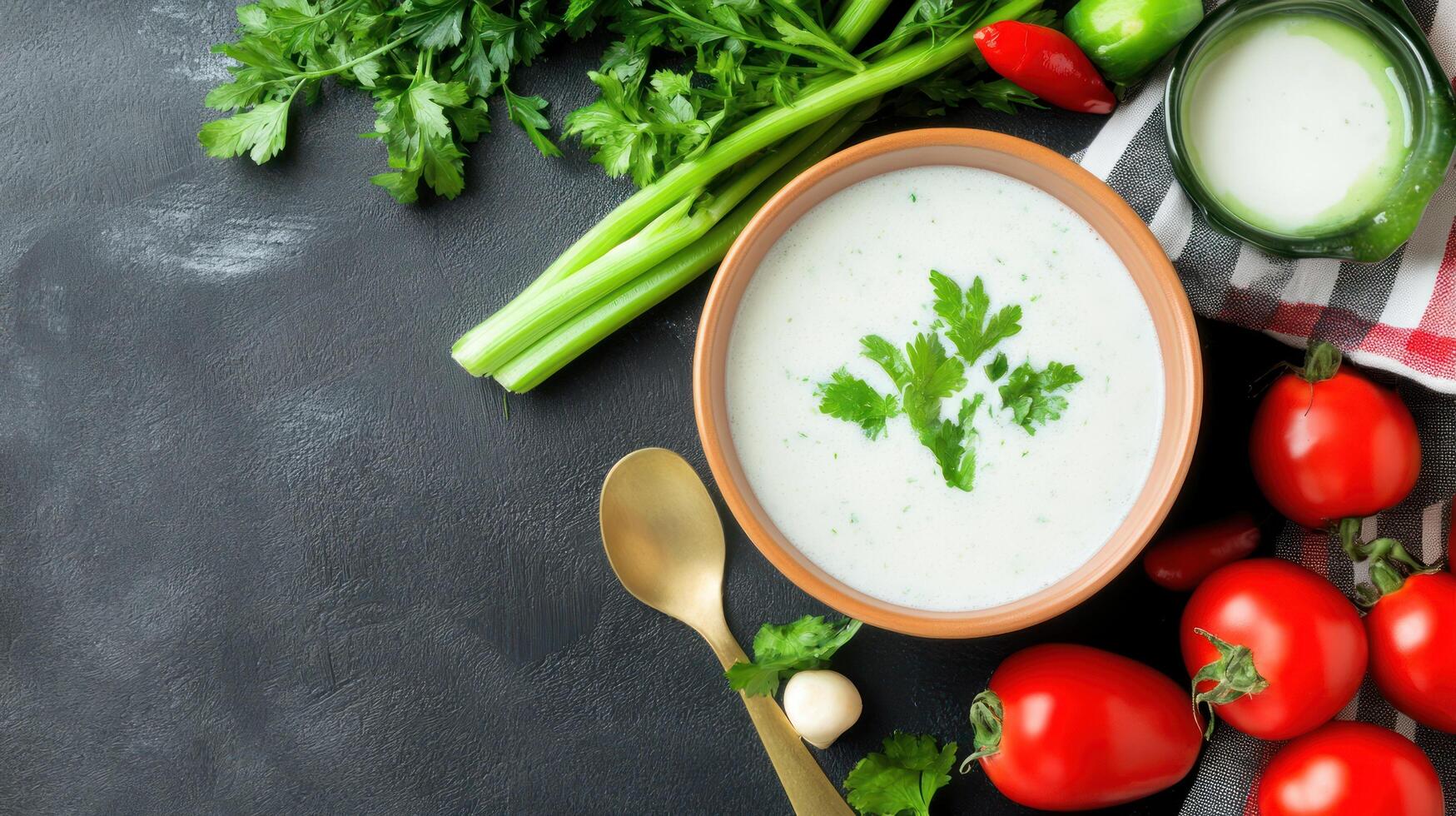Refreshing yogurt soup with parsley. Served with tomatoes and herbs. Recipe concept photo