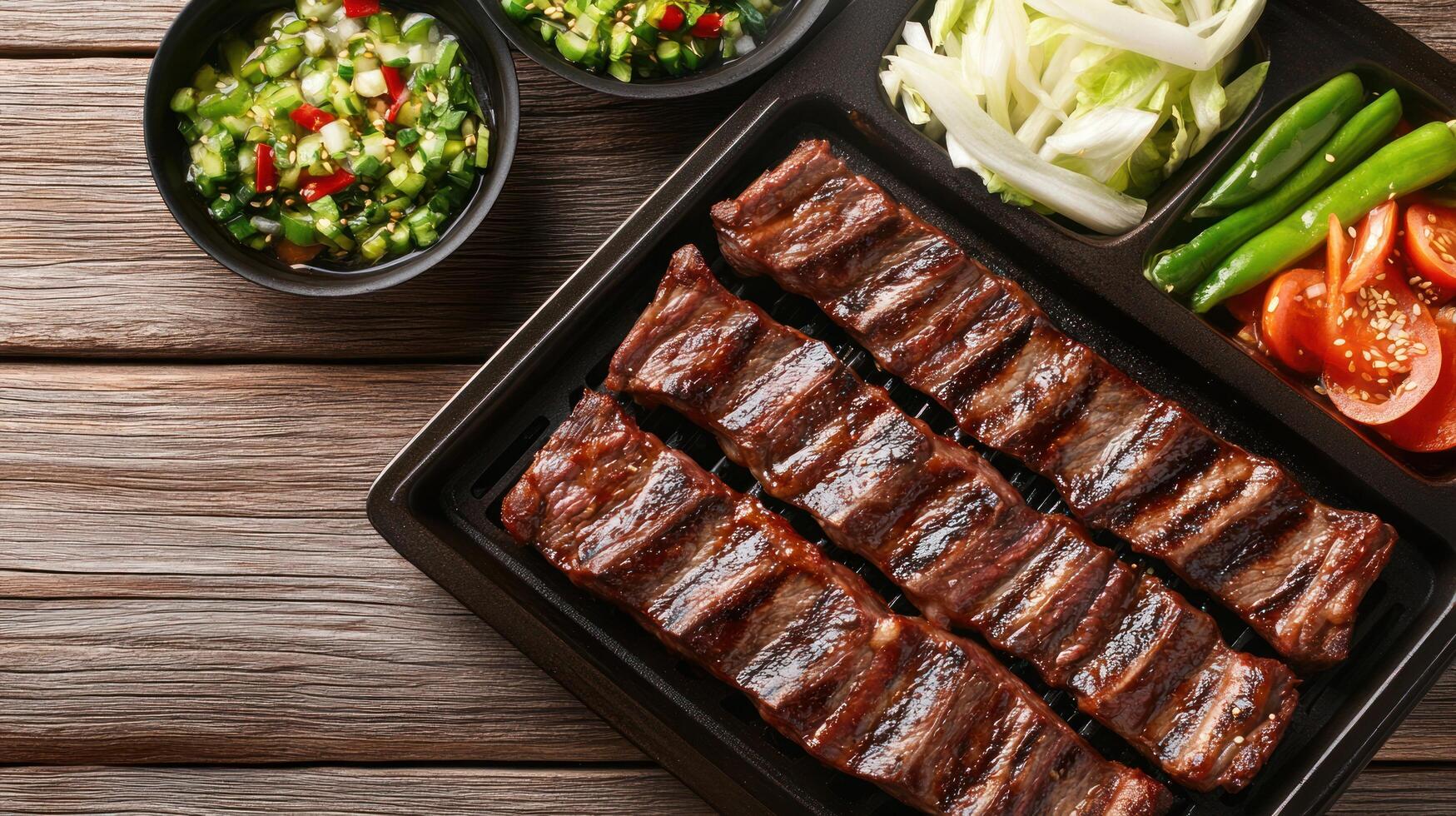 Ribs served with vegetables on wood table for lunch photo