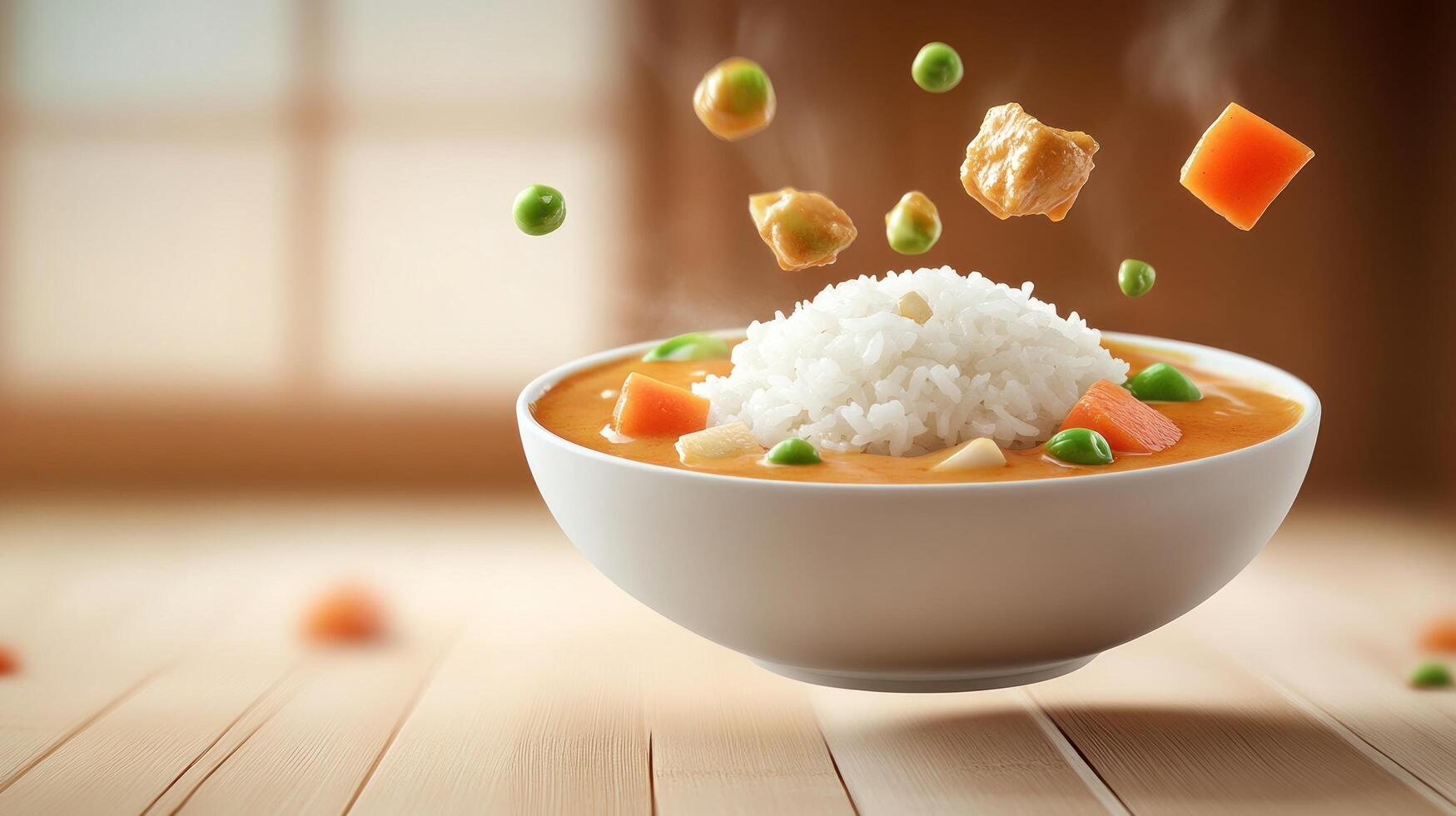 Rice and vegetables levitate over curry in bowl near window, ready to eat photo