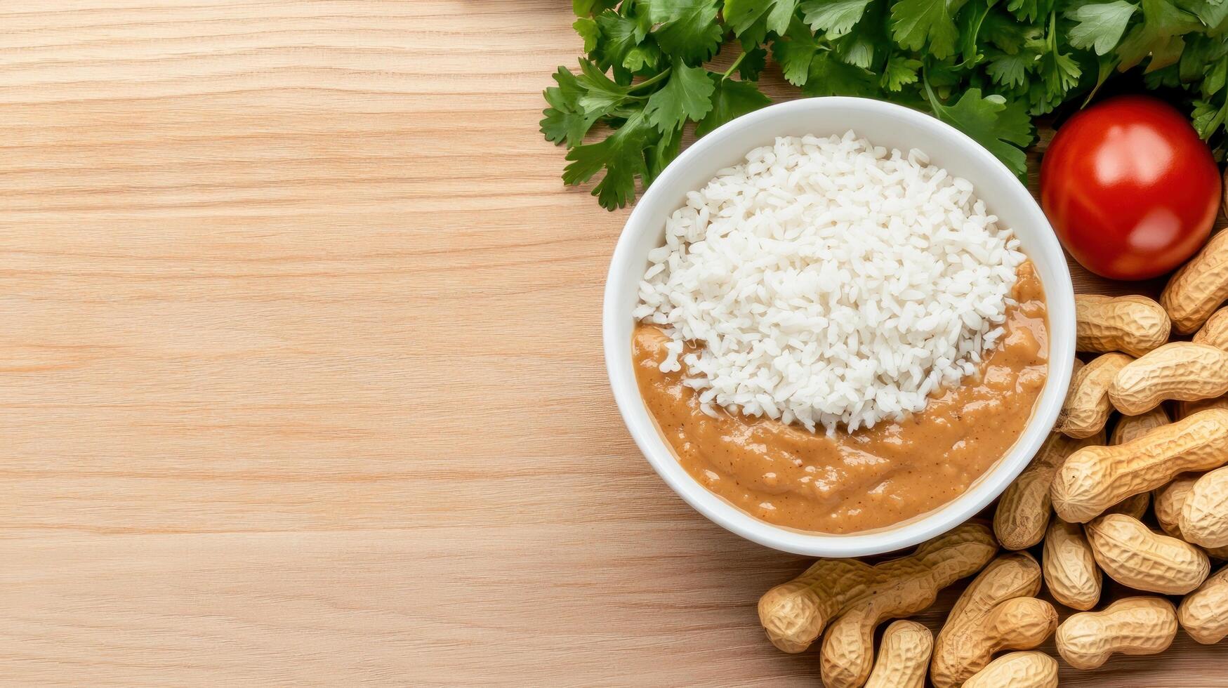 Rice and peanut stew. Tomato, peanuts, and coriander leaves in the background. Food photography photo