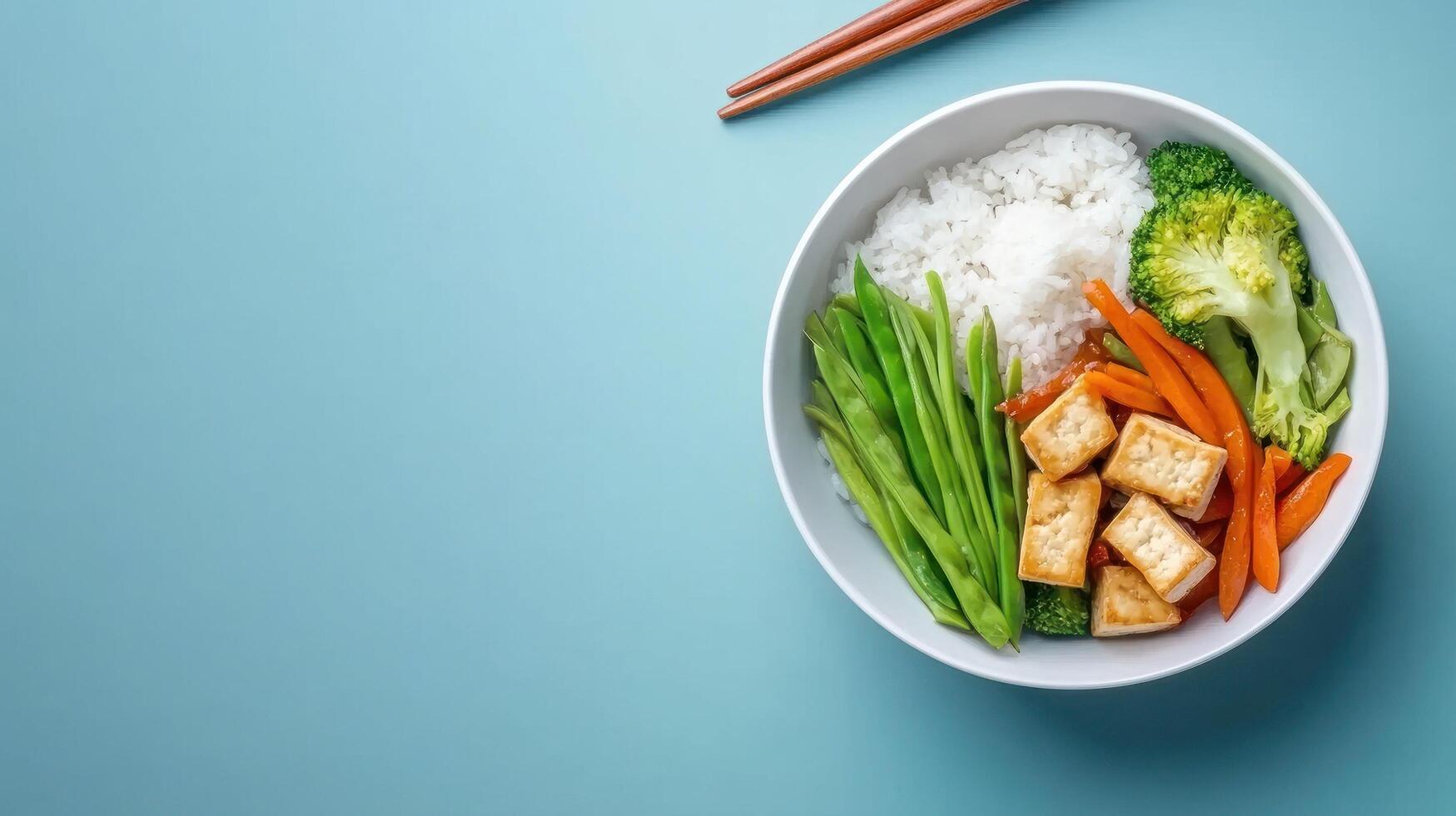 Rice and Veggies a balanced tofu bowl with chopsticks, on blue table. For healthy eating photo