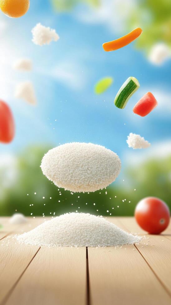 Rice and vegetables levitating over a table outdoors with a garden background for food ads photo