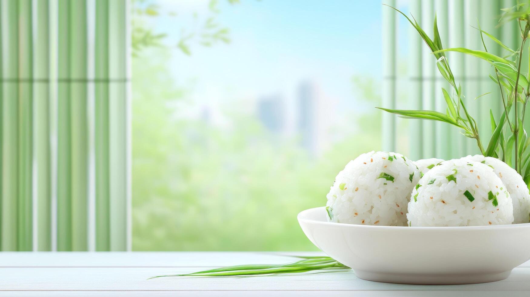 Rice balls in bowl on table, with window, for presentation or as a blog banner photo
