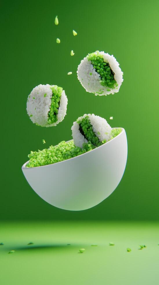 Rice balls with greens falling into a bowl, floating, for a healthy food promo photo