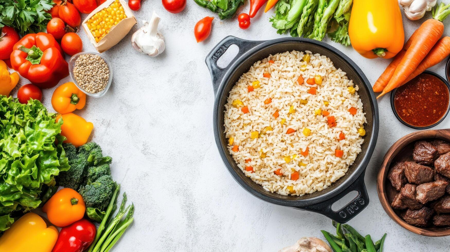 Rice bowl meal prep ingredients. Overhead shot with fresh colorful vegetables on table for commercial use photo
