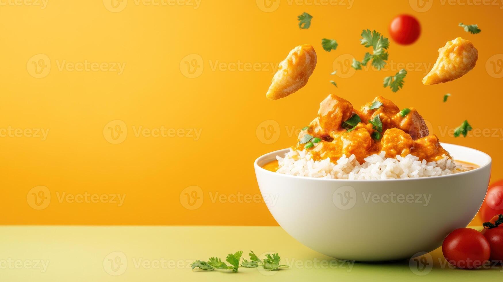 Rice bowl with curry herbs, tomatoes float for healthy eating. Fresh colorful meal photo