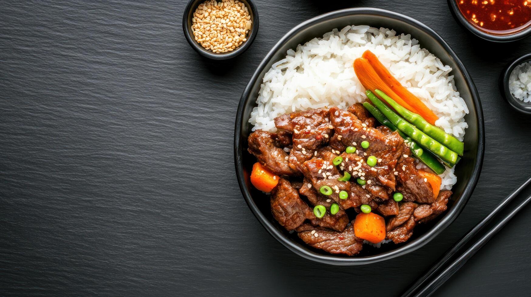 Rice bowl with beef, carrots, and greens on slate. For website banners, menus and food blogs photo