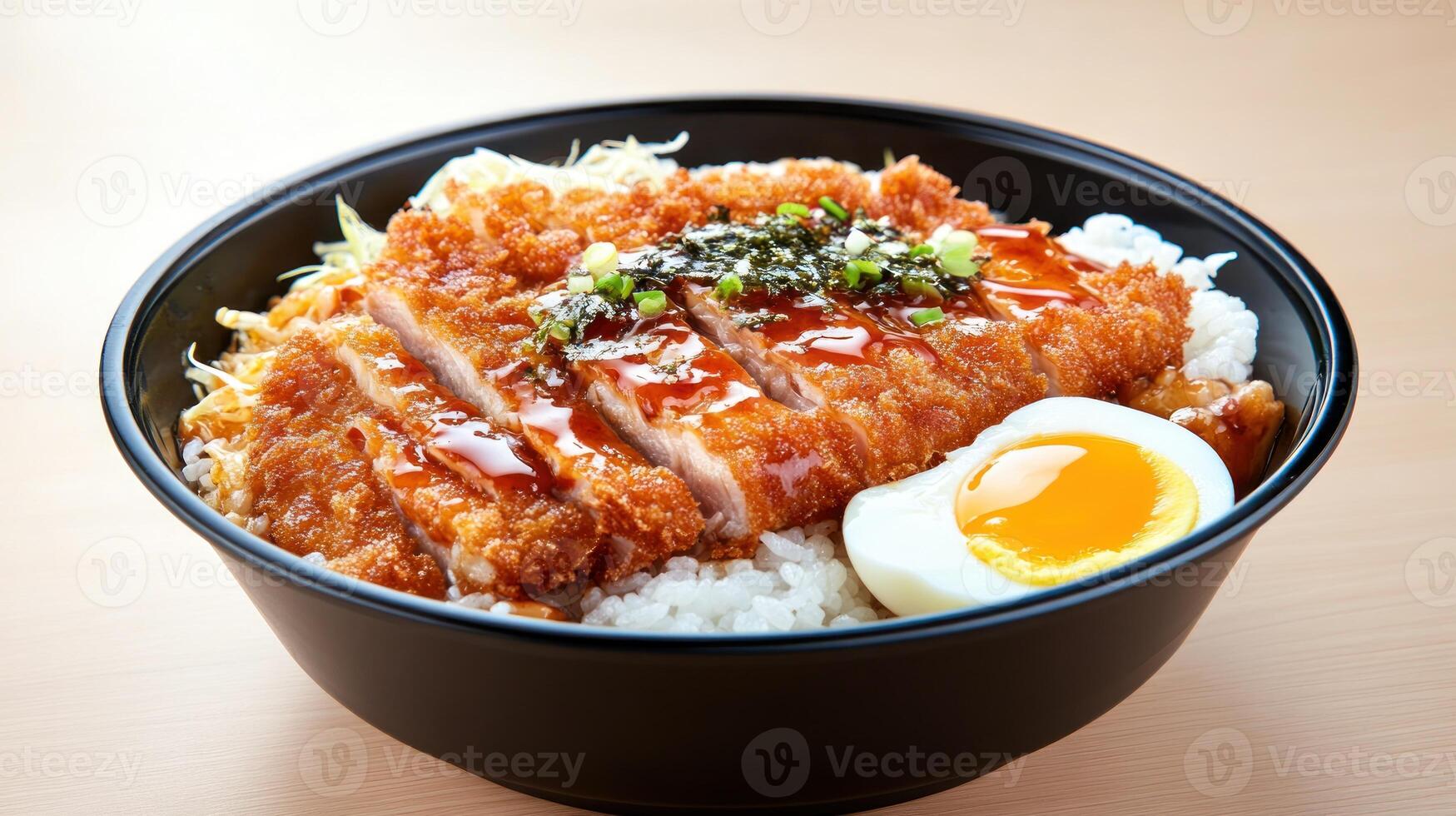 Rice bowl with cutlet, egg, and cabbage salad on a bowl. Delicious food photo