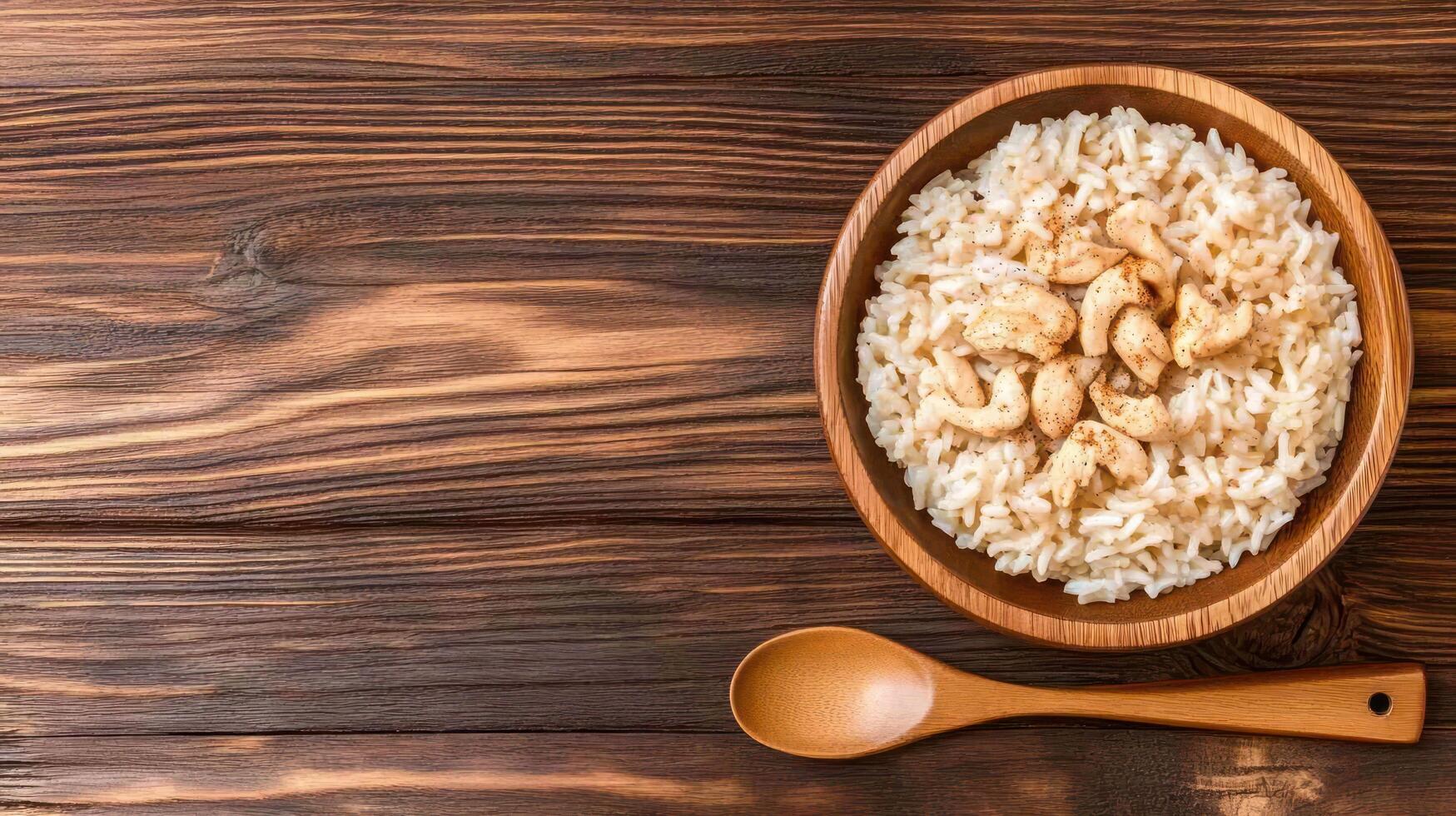 Rice bowl with cashews and a spoon on a wooden background for healthy eating and balanced diet photo