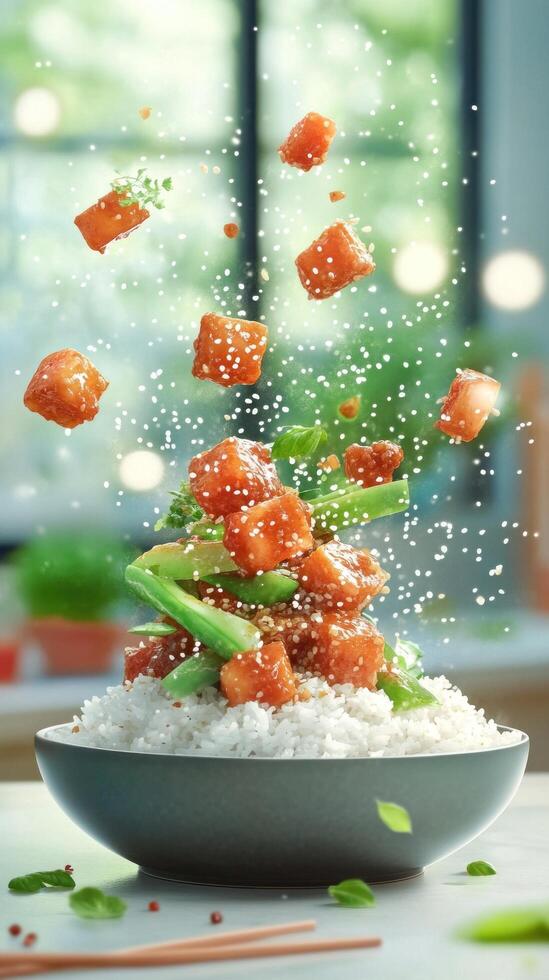 Rice bowl with falling salmon and herbs in a bright kitchen. Healthy meal prep, blog use photo