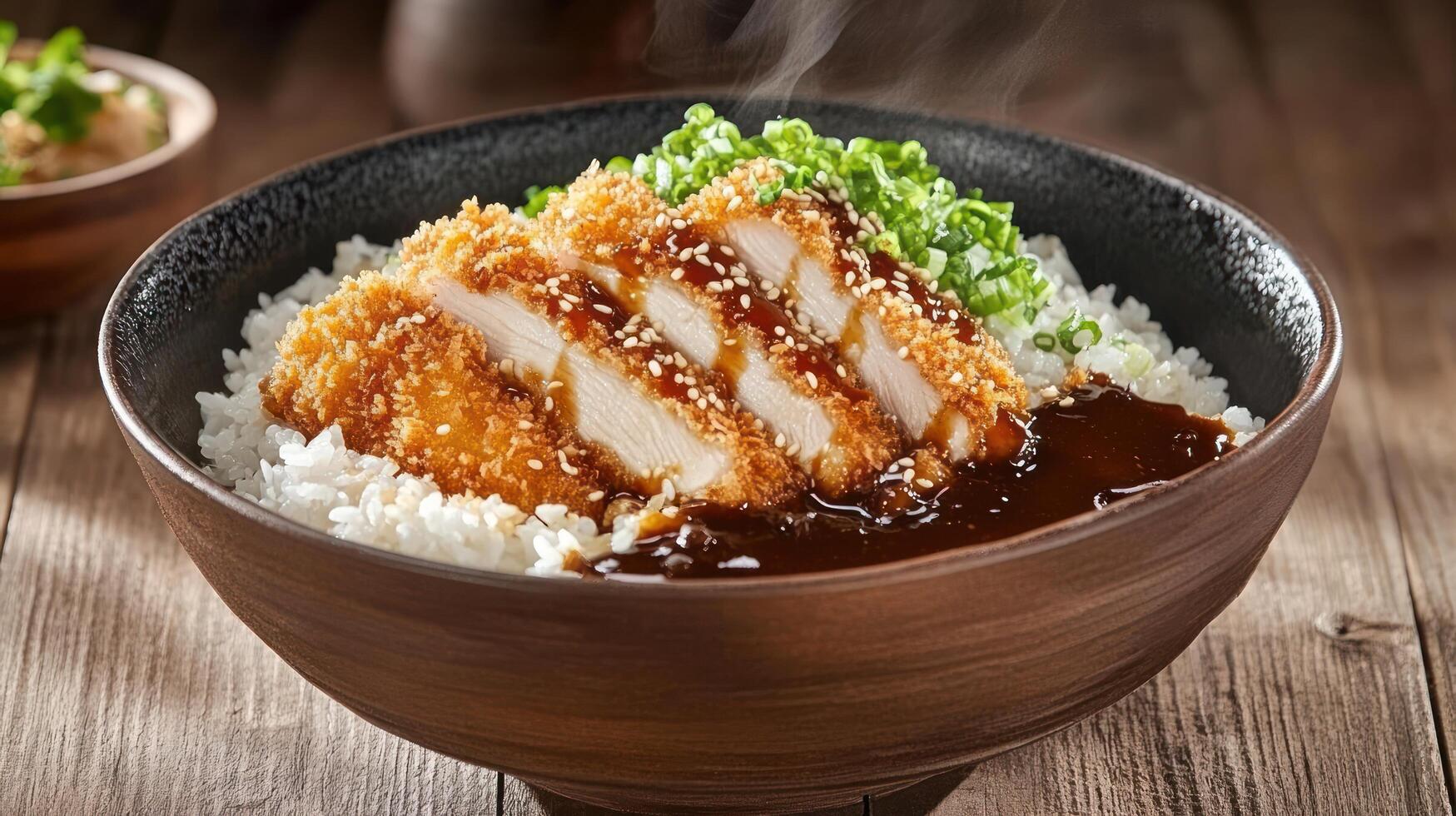 Rice bowl with fried chicken. Mealtime. Steam rising in background. Could be used for food menu photo