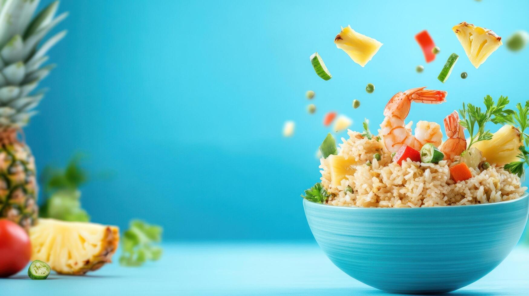 Rice bowl with pineapple and shrimp, ingredients falling, delicious background food for menu design photo