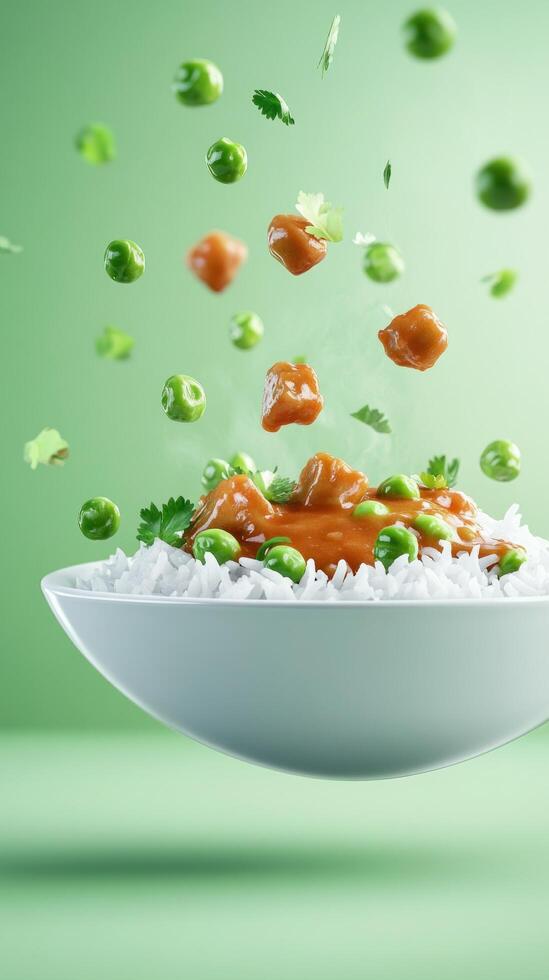 Rice Bowl with Vegetables and Chicken. Balanced nutritious meal for lunch, dinner, or diet concept photo