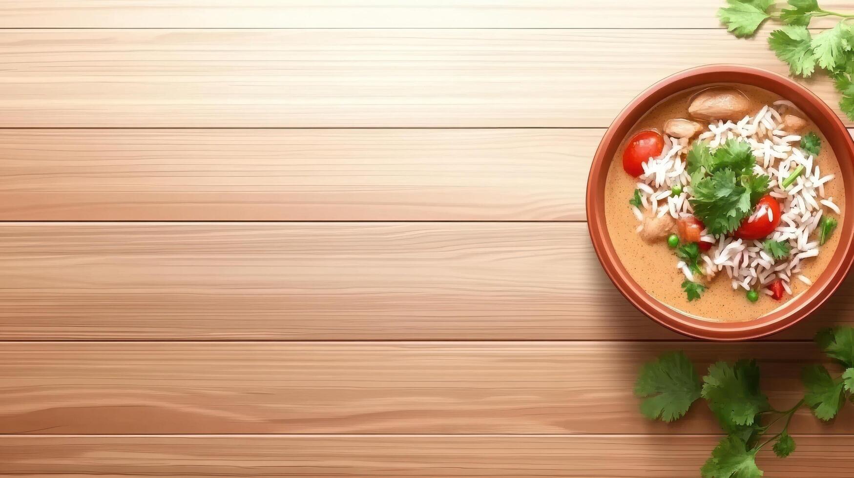 Rice, curry, tomato meal bowl on table. Background wood texture, culinary menu for eatery photo