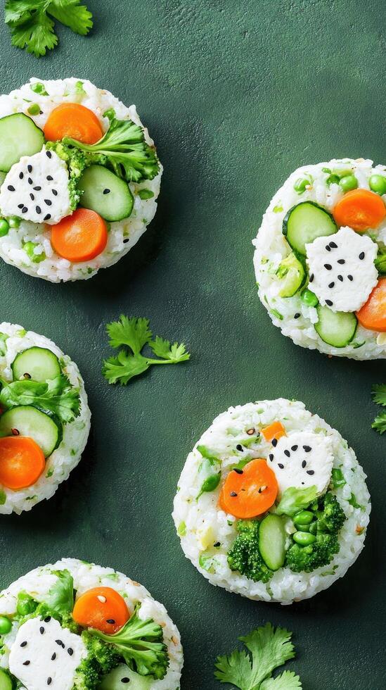 Rice cakes topped with veggies on a green table, used for healthy food promotions photo