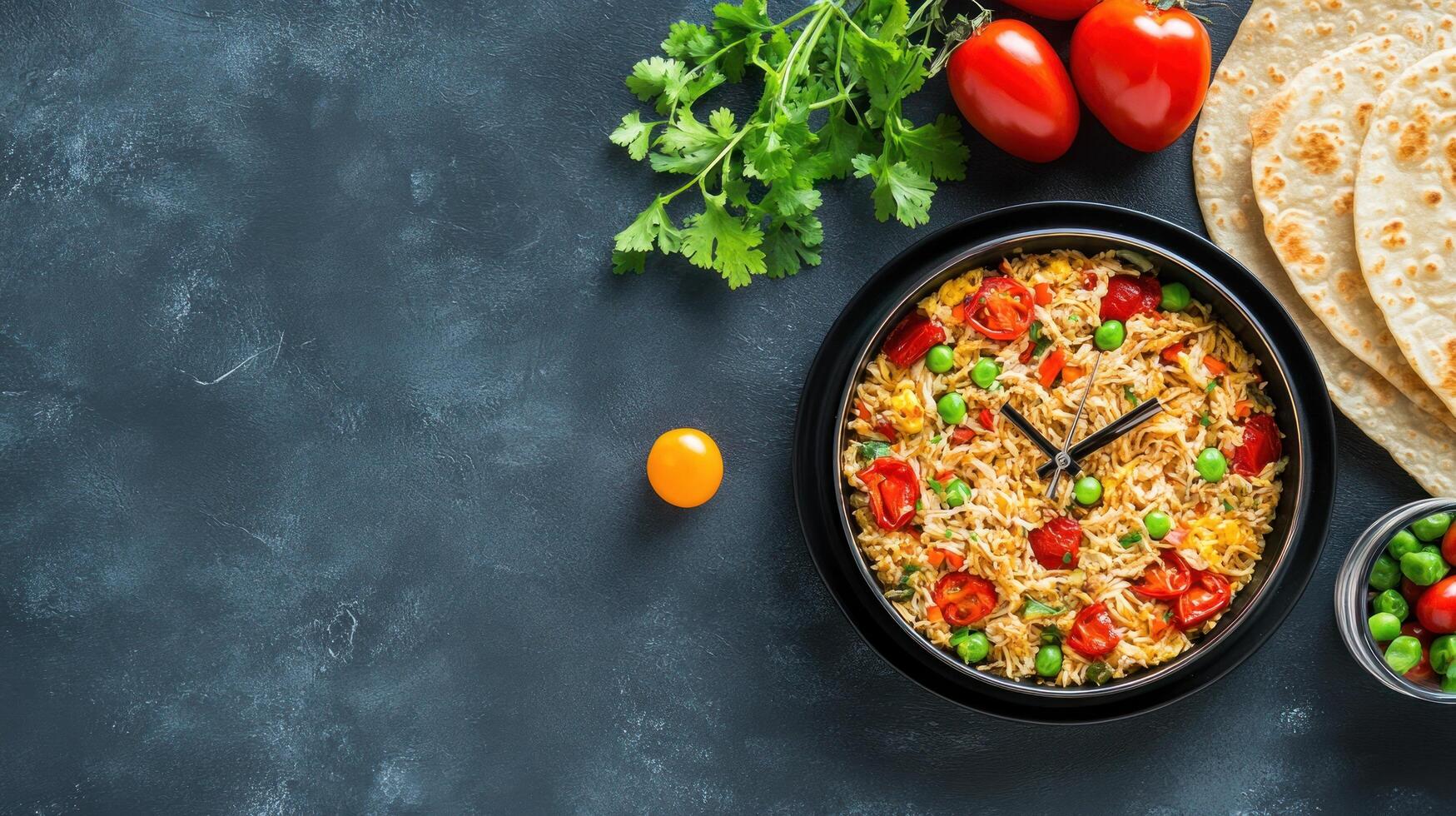 Rice dish in clock shape with toppings on a table, flat lay. Food blog or recipe use photo
