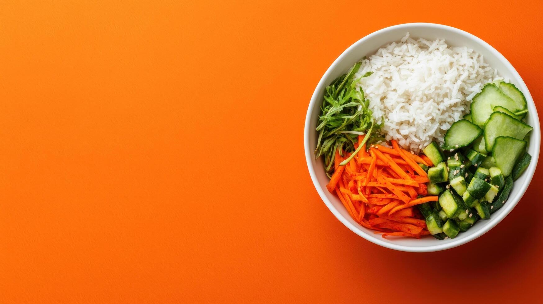 Rice bowl with veggies on orange background. Healthy, fresh eating lifestyle for diet and nutrition photo