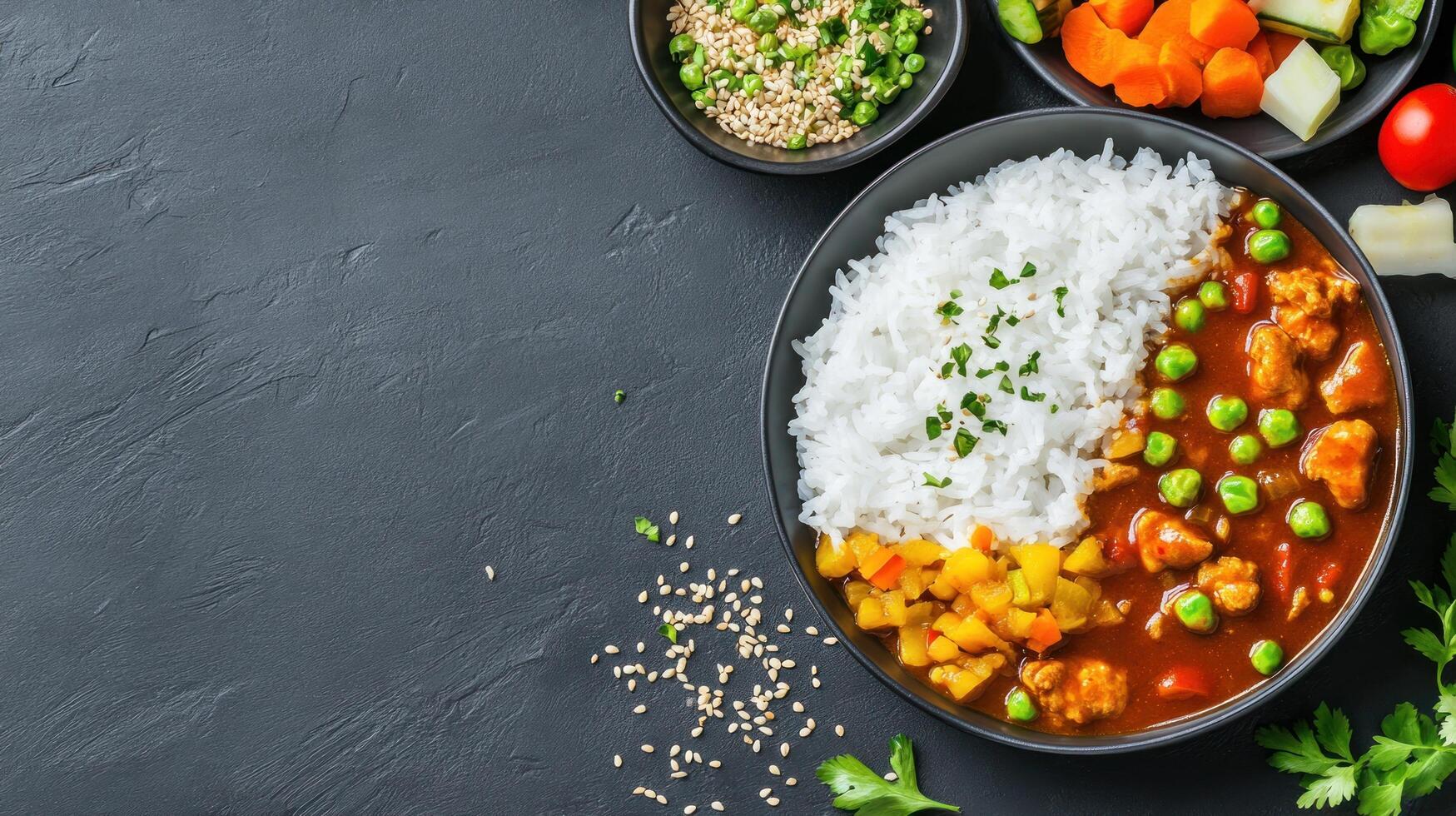 Rice dish with vegetables served in a bowl on a dark table, nutrition and healthy eating concept photo