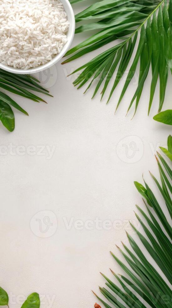 Rice in bowl with leaves background for product placement, cooking recipe website photo