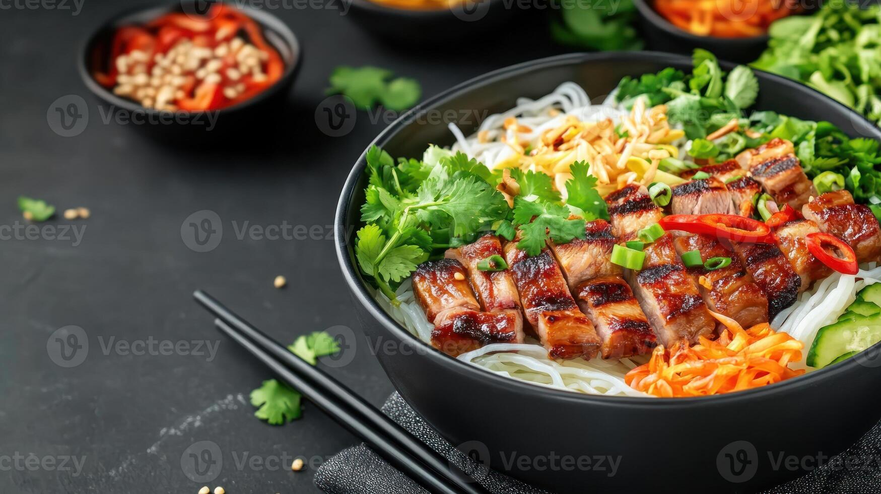 Rice noodle salad with grilled beef in bowl. Herbs, vegetables, and sauce add flavor on the background photo