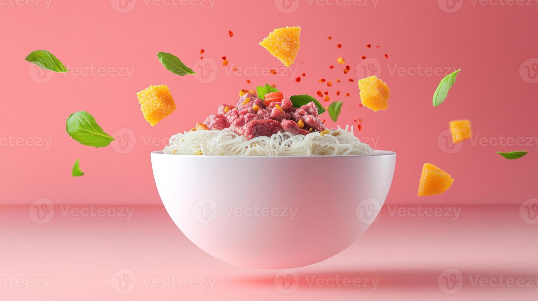 Rice noodles with meat, basil and parmesan bits levitating, ready to eat for lunch photo