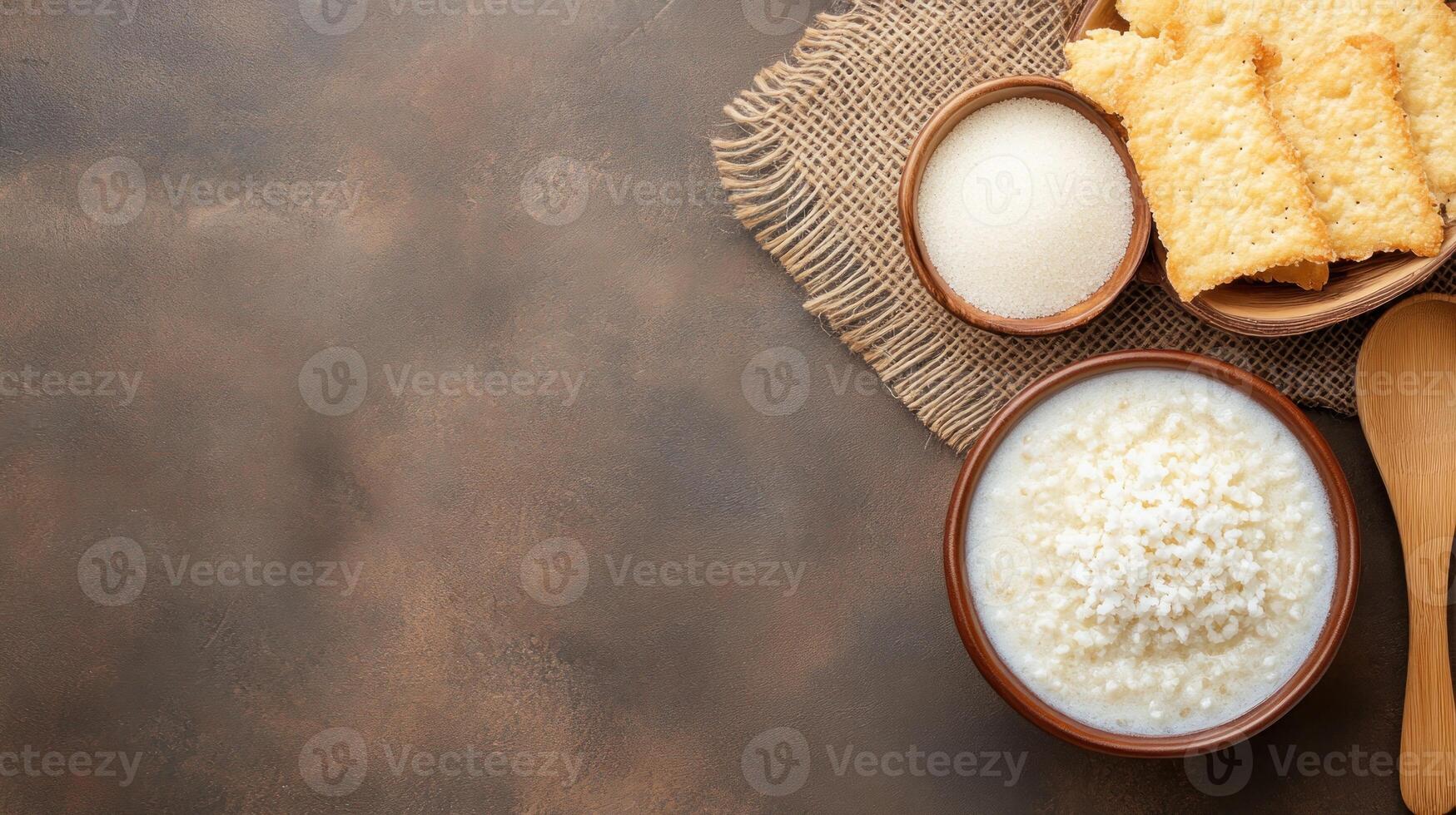 Rice porridge with crackers on a brown background. Possible breakfast option photo