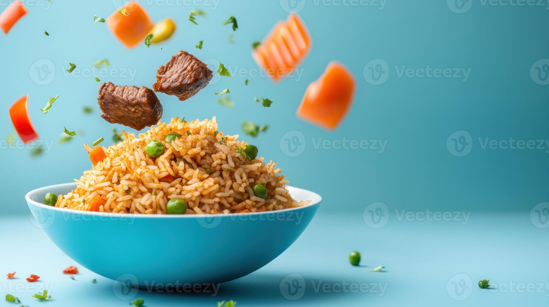 Rice with meat, peas and carrot, falling vegetables with clean cyan background for recipe websites photo