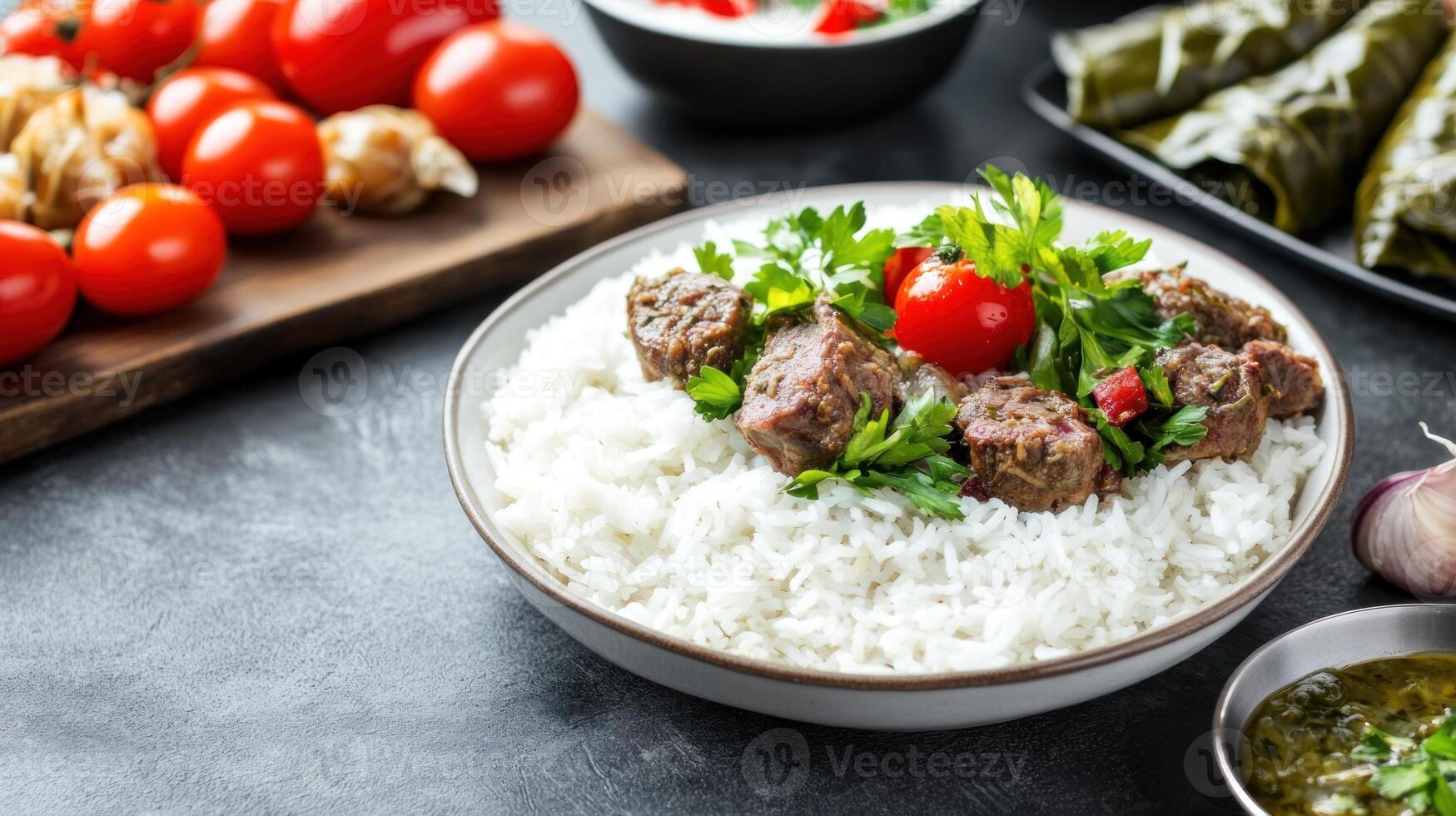 Rice with meat, parsley and tomatoes on a table with sauce, dolma, garlic, and mushrooms for dinner photo