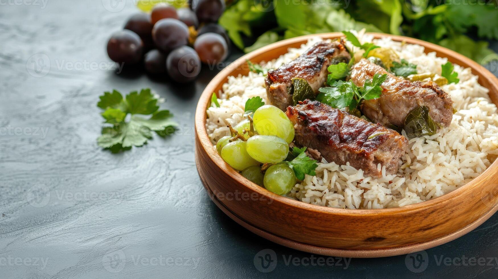 Rice with meat and grapes. Tasty and juicy food presented in wood plate on dark background photo