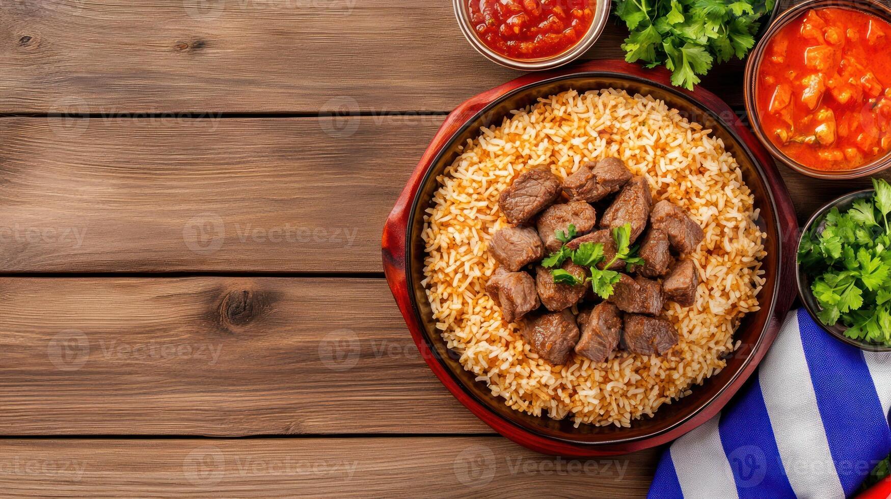 Rice with roasted meat served on a platter, accompanied by sauces on a wooden table, flat lay photo