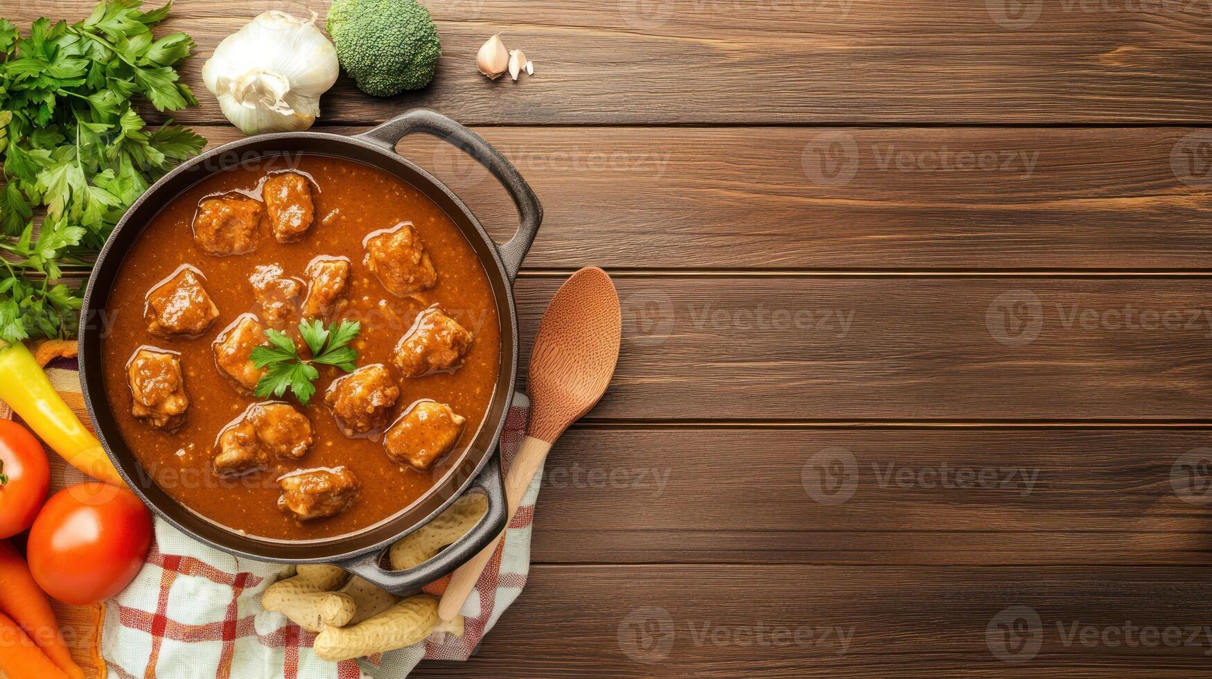 Rich meat stew pot with parsley garnish on kitchen wooden table setting for lunch or dinner photo